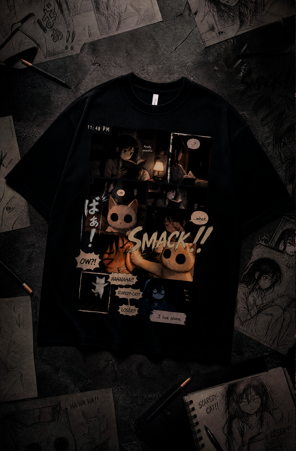 Scaredy Cat Manga Graphic Tee – 300 GSM Heavyweight Cotton T-Shirt