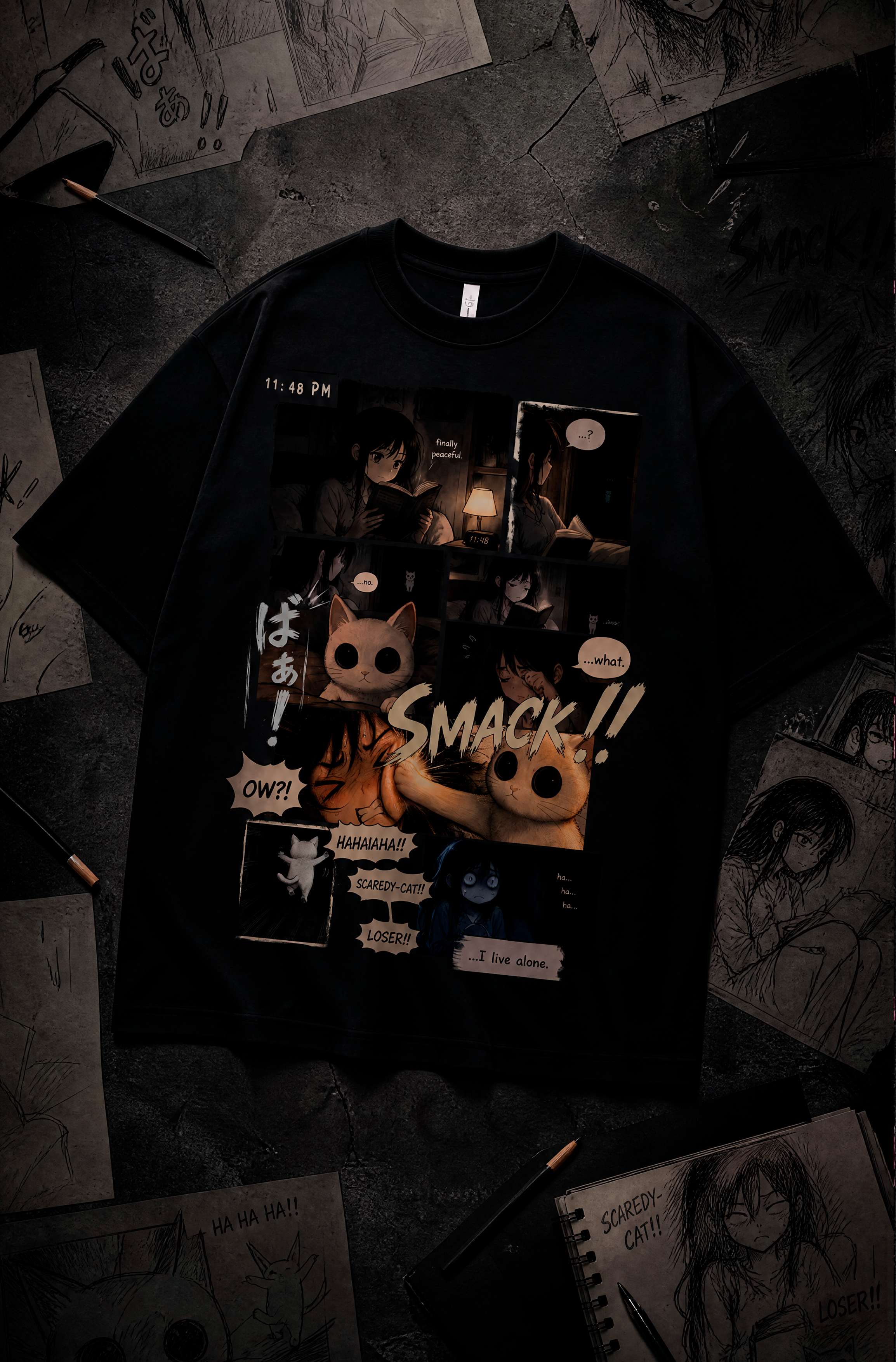Scaredy Cat Manga Graphic Tee – 300 GSM Heavyweight Cotton T-Shirt
