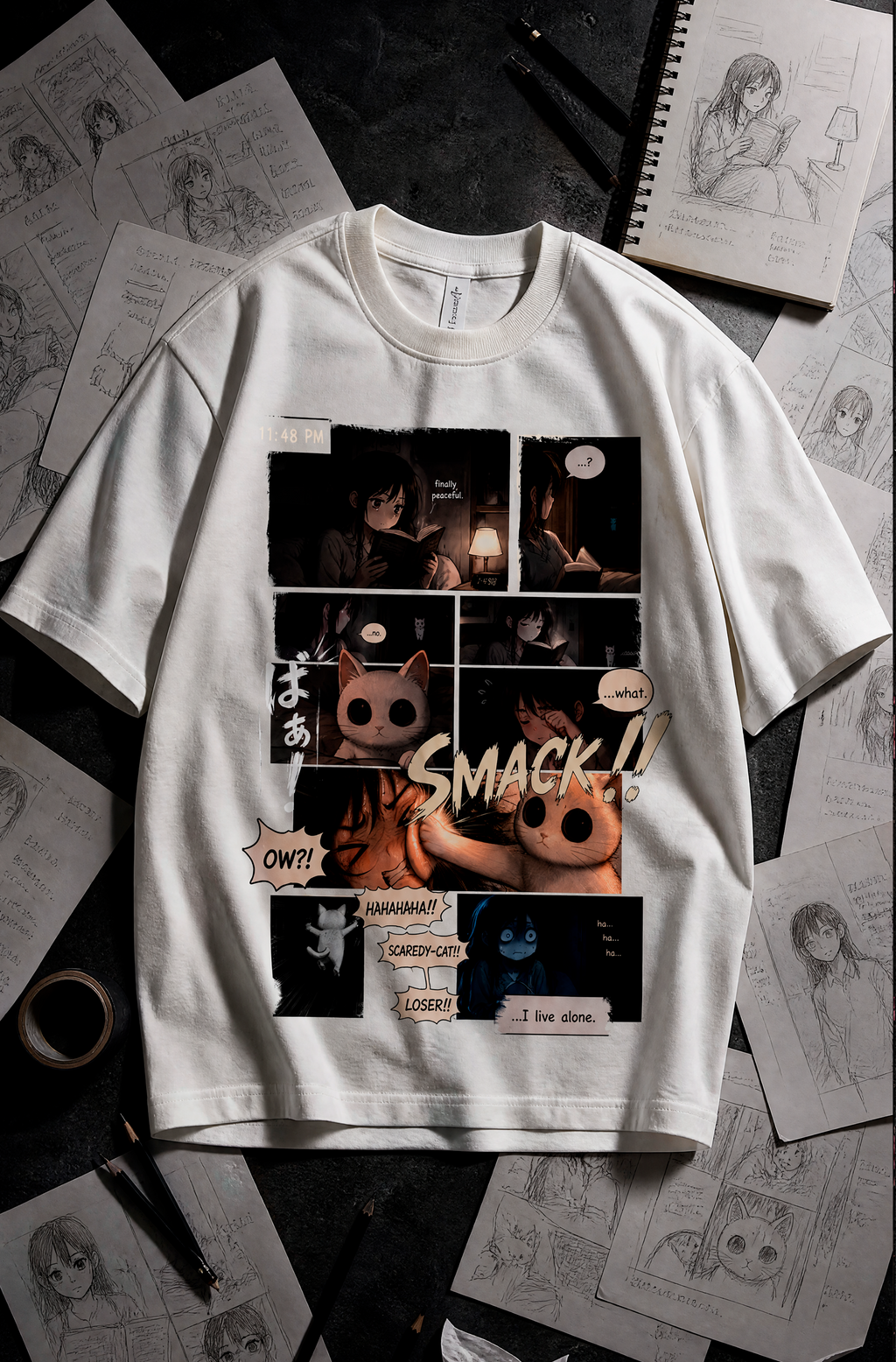Scaredy Cat Manga Graphic Tee – 300 GSM Heavyweight Cotton T-Shirt