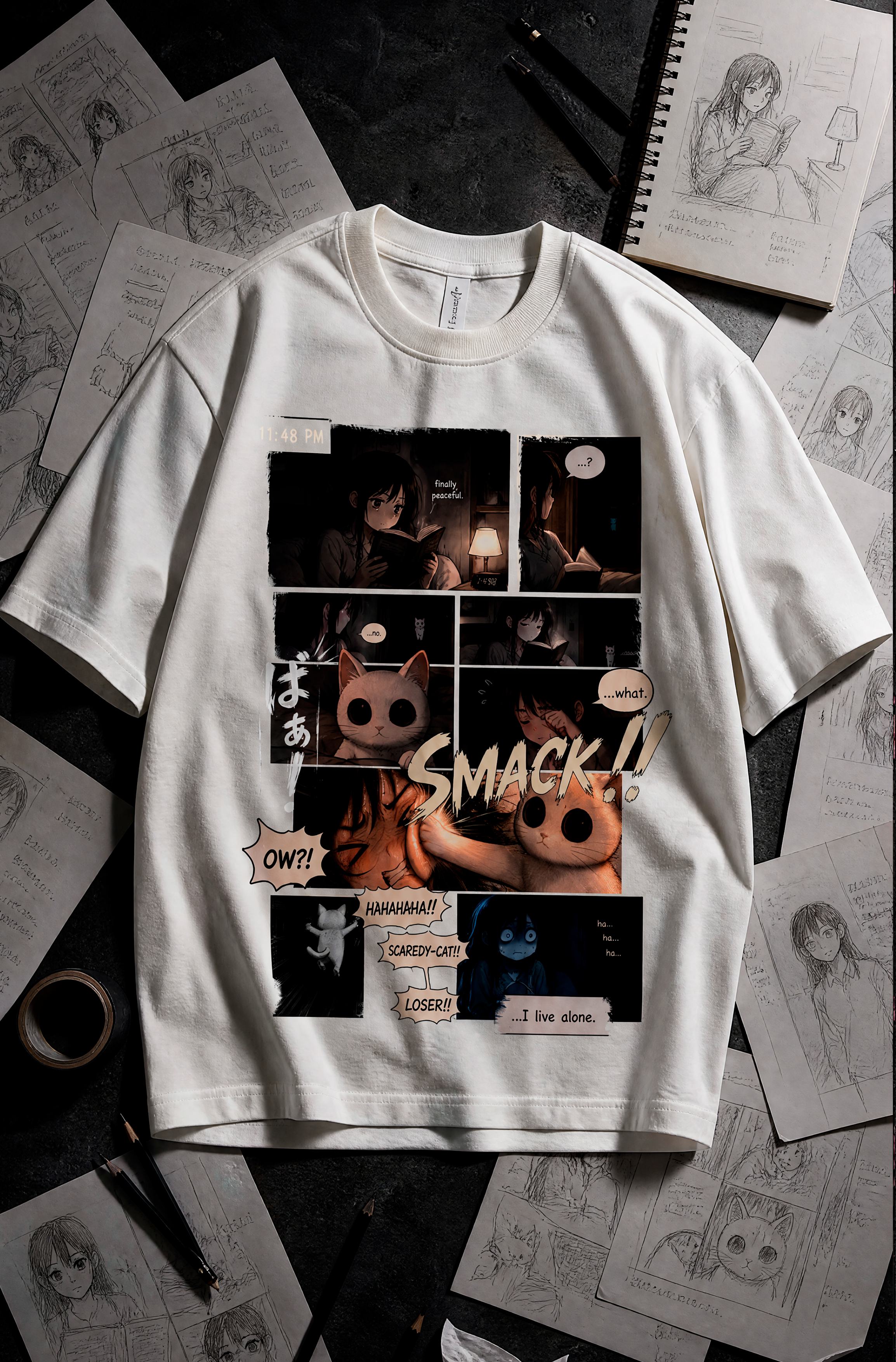 Scaredy Cat Manga Graphic Tee – 300 GSM Heavyweight Cotton T-Shirt