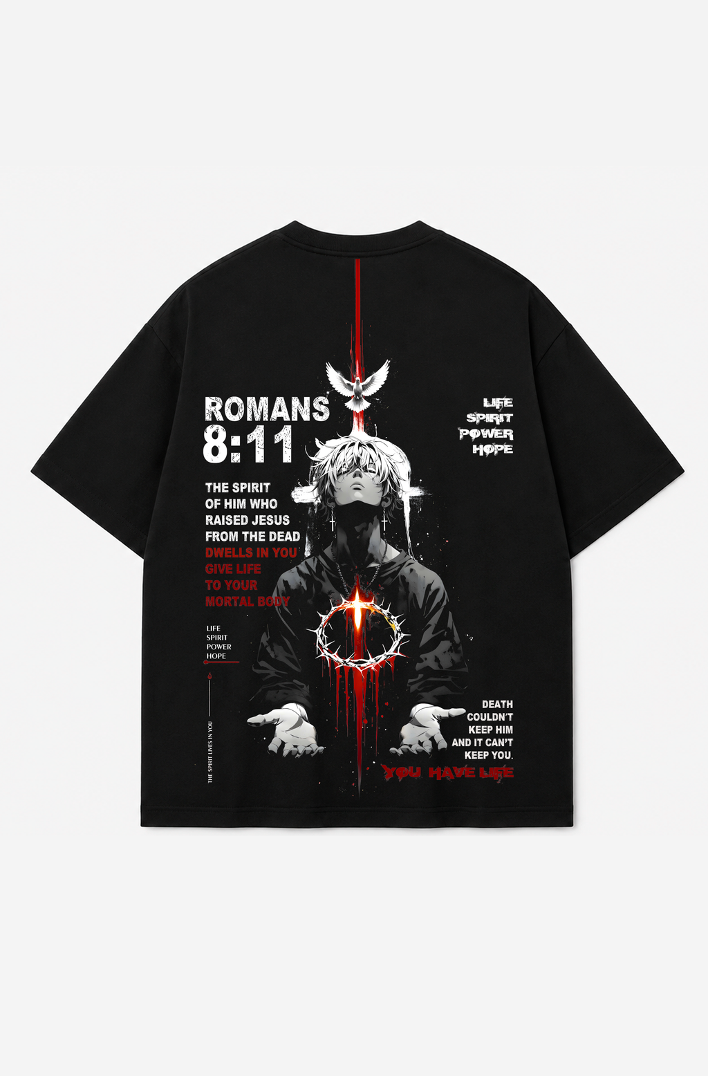 Romans 8:11 Christian Graphic T-Shirt – Gothic Anime Heavyweight 300 GSM Tee