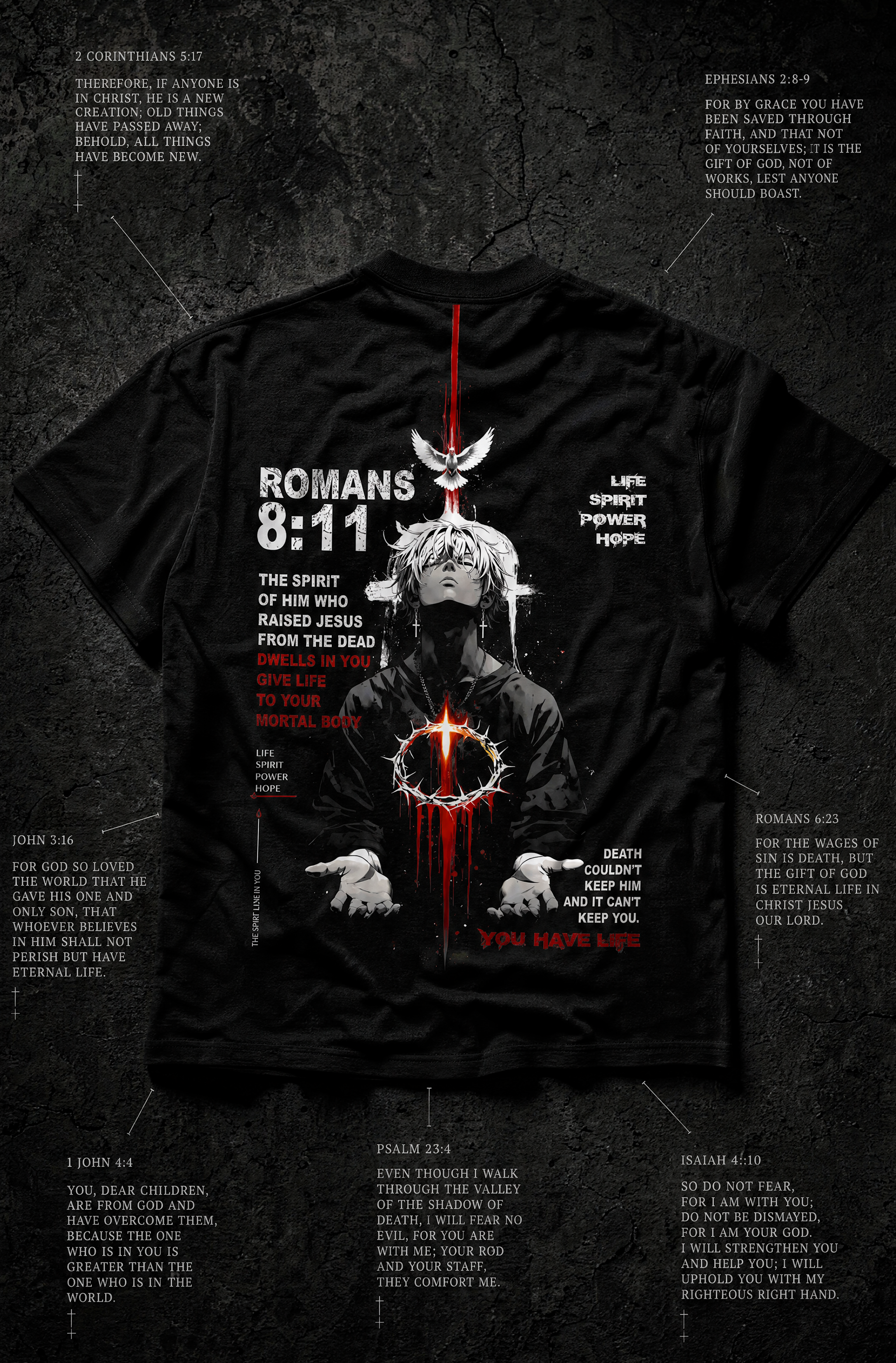 Romans 8:11 Christian Graphic T-Shirt – Gothic Anime Heavyweight 300 GSM Tee
